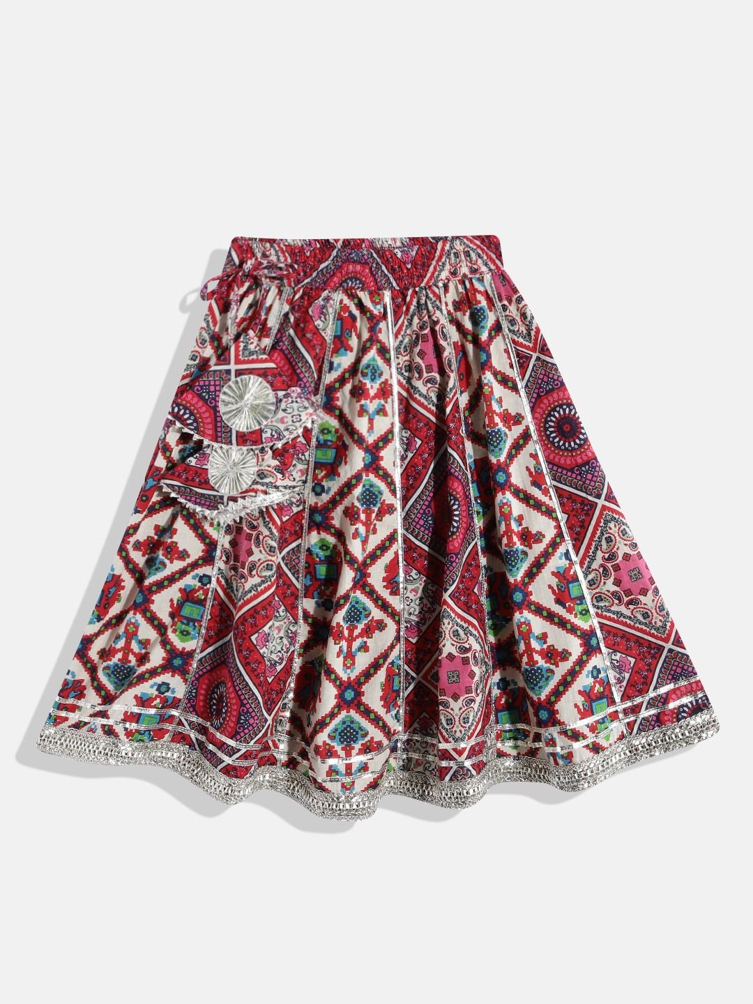 Frilled Style Cotton Red Printed Lehenga Choli