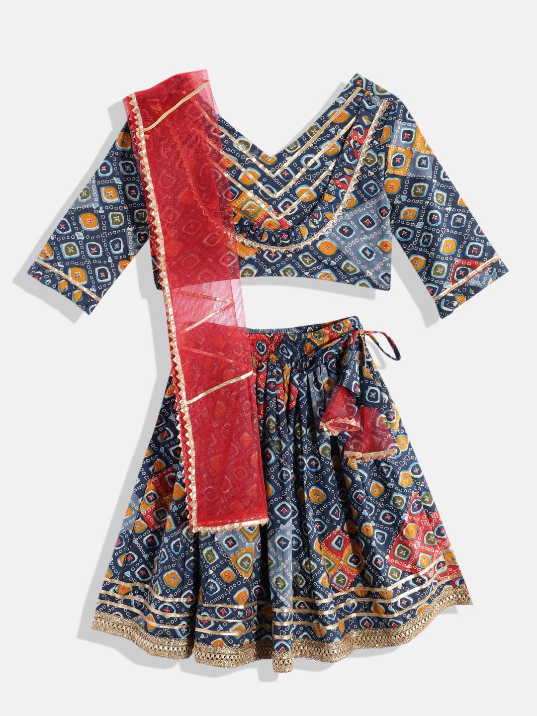 Straight Style Cotton Fabric Blue Color Printed Choli With Lehenga And Dupatta