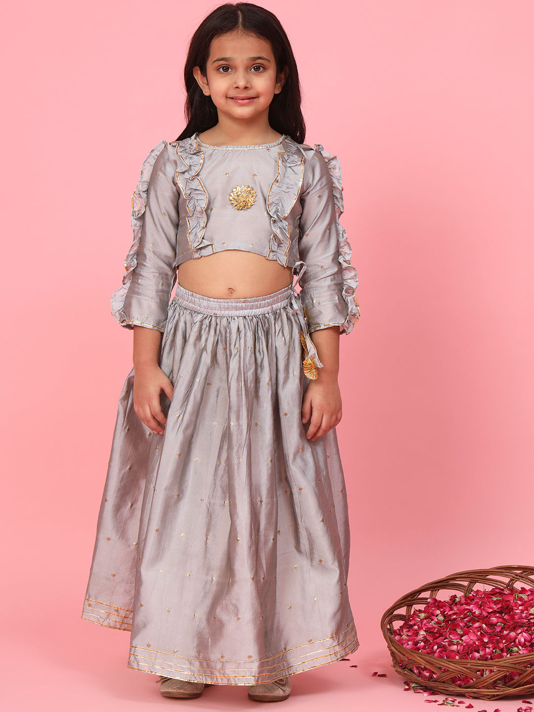 Straight Style Banarasi Fabric Grey Color Choli And Lehenga