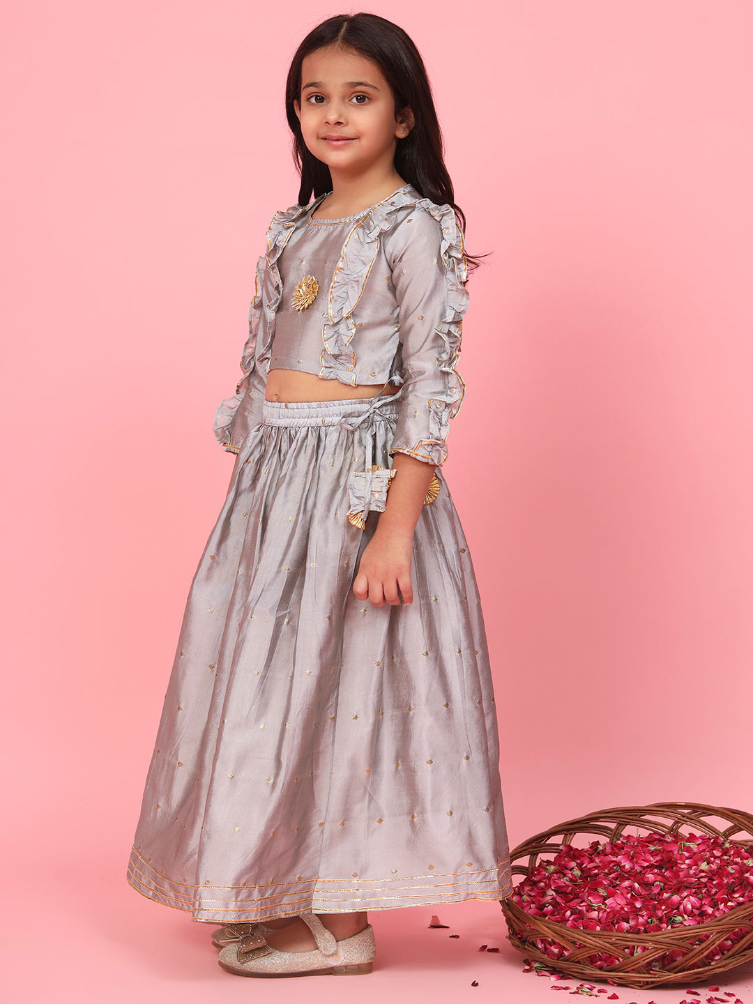 Straight Style Banarasi Fabric Grey Color Choli And Lehenga
