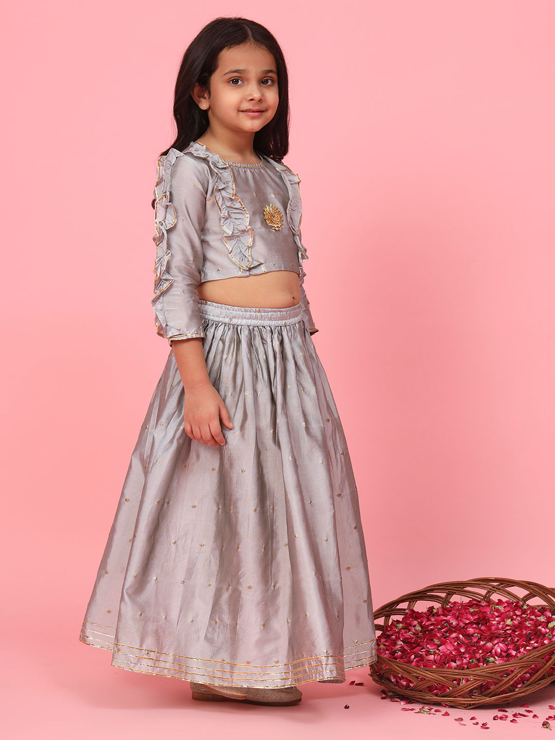 Straight Style Banarasi Fabric Grey Color Choli And Lehenga