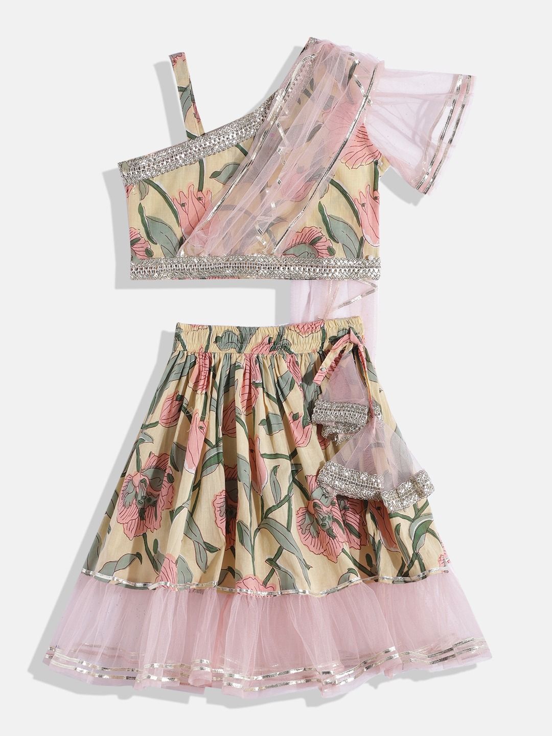 One Shoulder Style Cotton Fabric Cream Color Choli With Attached Dupatta And Frilled Lehenga
