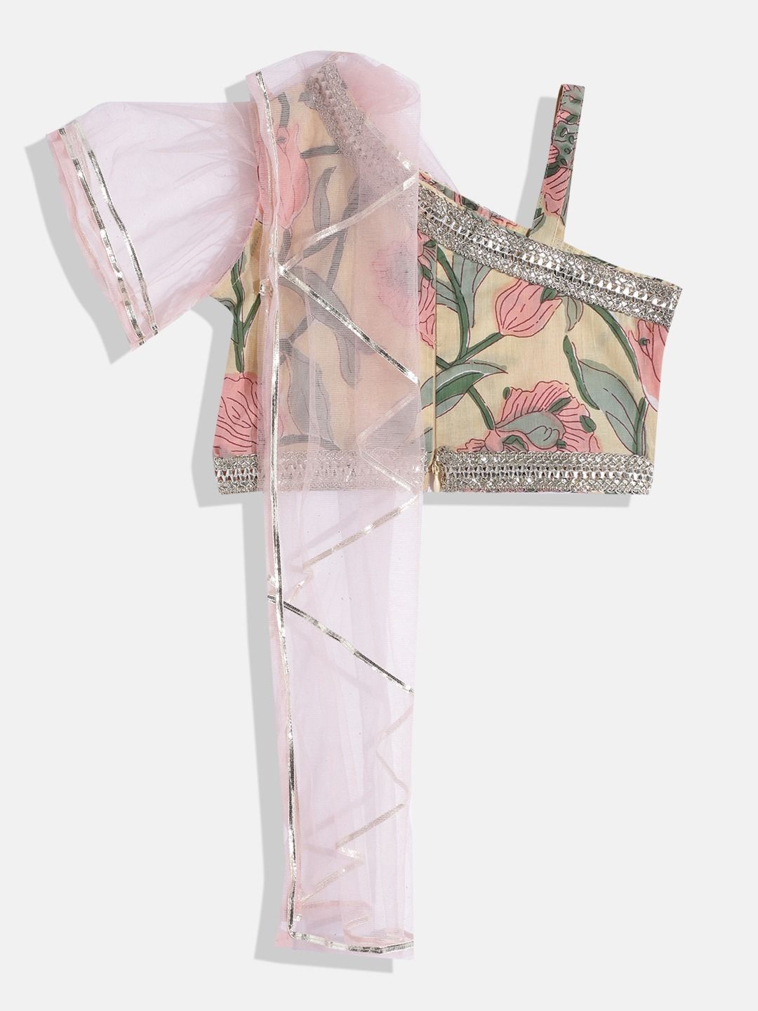 One Shoulder Style Cotton Fabric Cream Color Choli With Attached Dupatta And Frilled Lehenga
