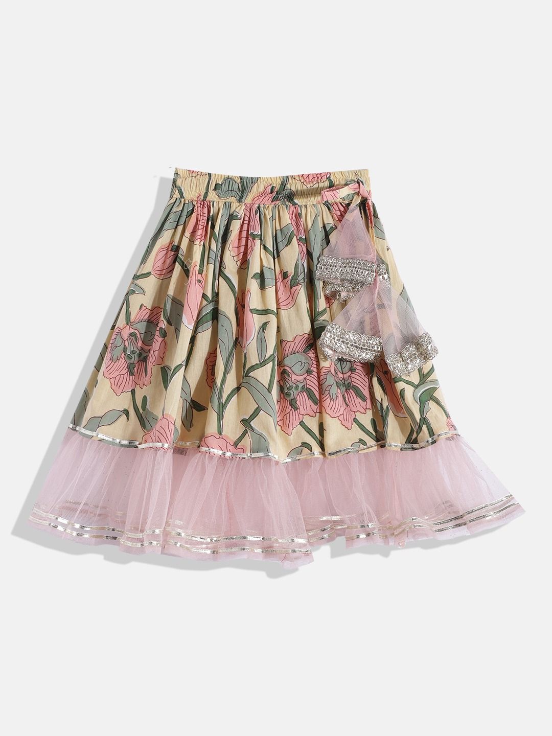 One Shoulder Style Cotton Fabric Cream Color Choli With Attached Dupatta And Frilled Lehenga