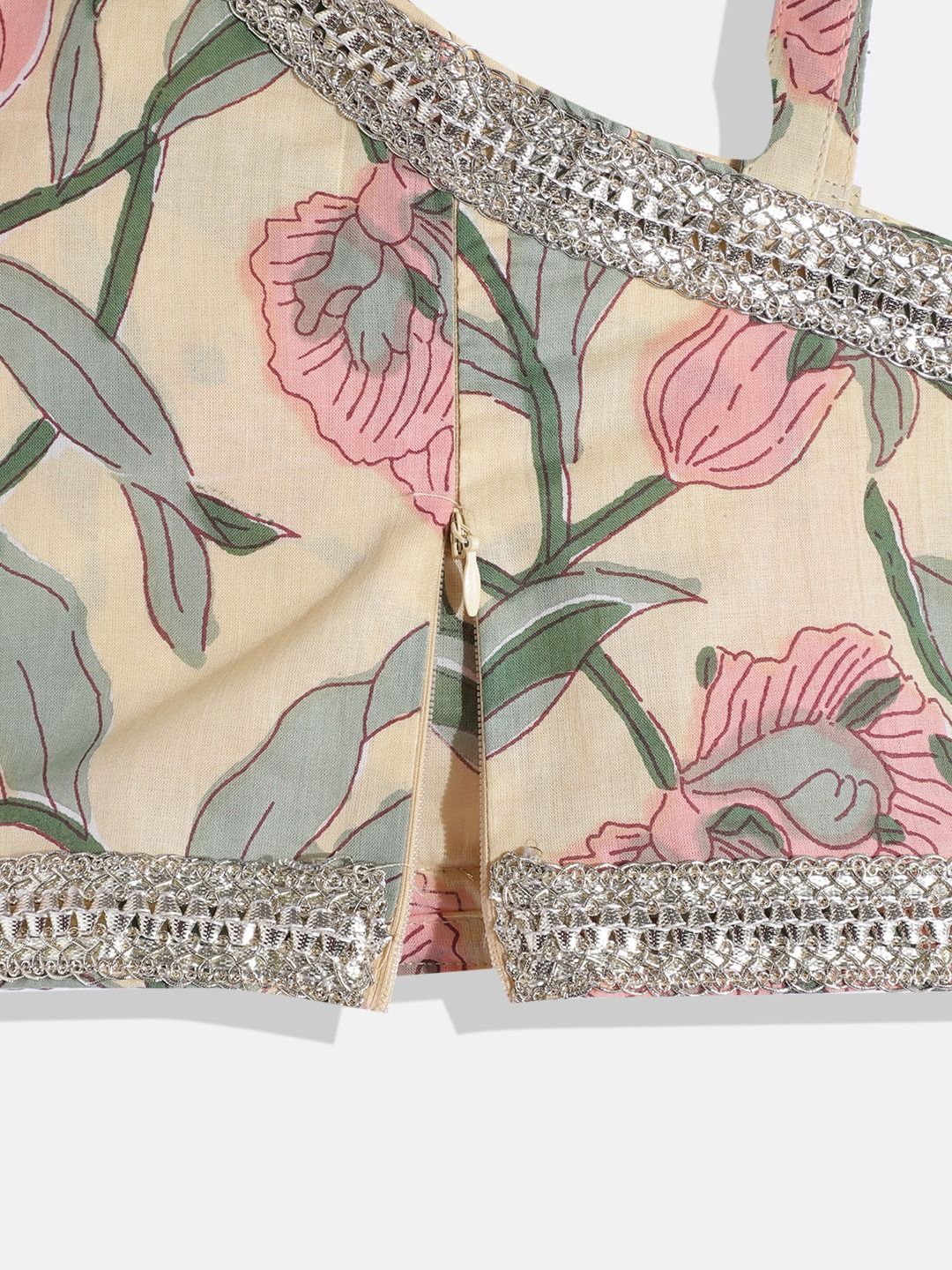 One Shoulder Style Cotton Fabric Cream Color Choli With Attached Dupatta And Frilled Lehenga