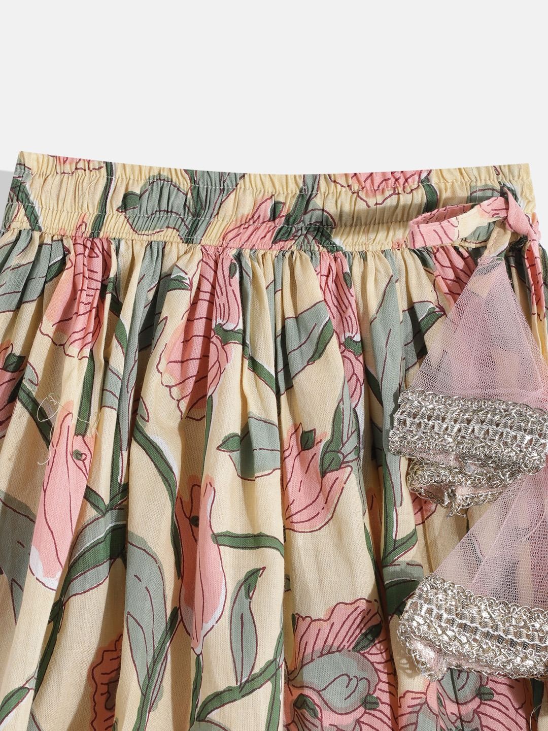 One Shoulder Style Cotton Fabric Cream Color Choli With Attached Dupatta And Frilled Lehenga