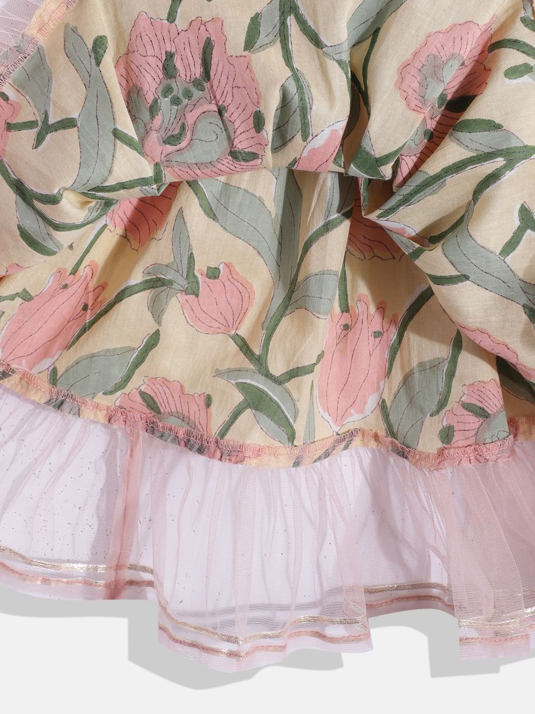 One Shoulder Style Cotton Fabric Cream Color Choli With Attached Dupatta And Frilled Lehenga