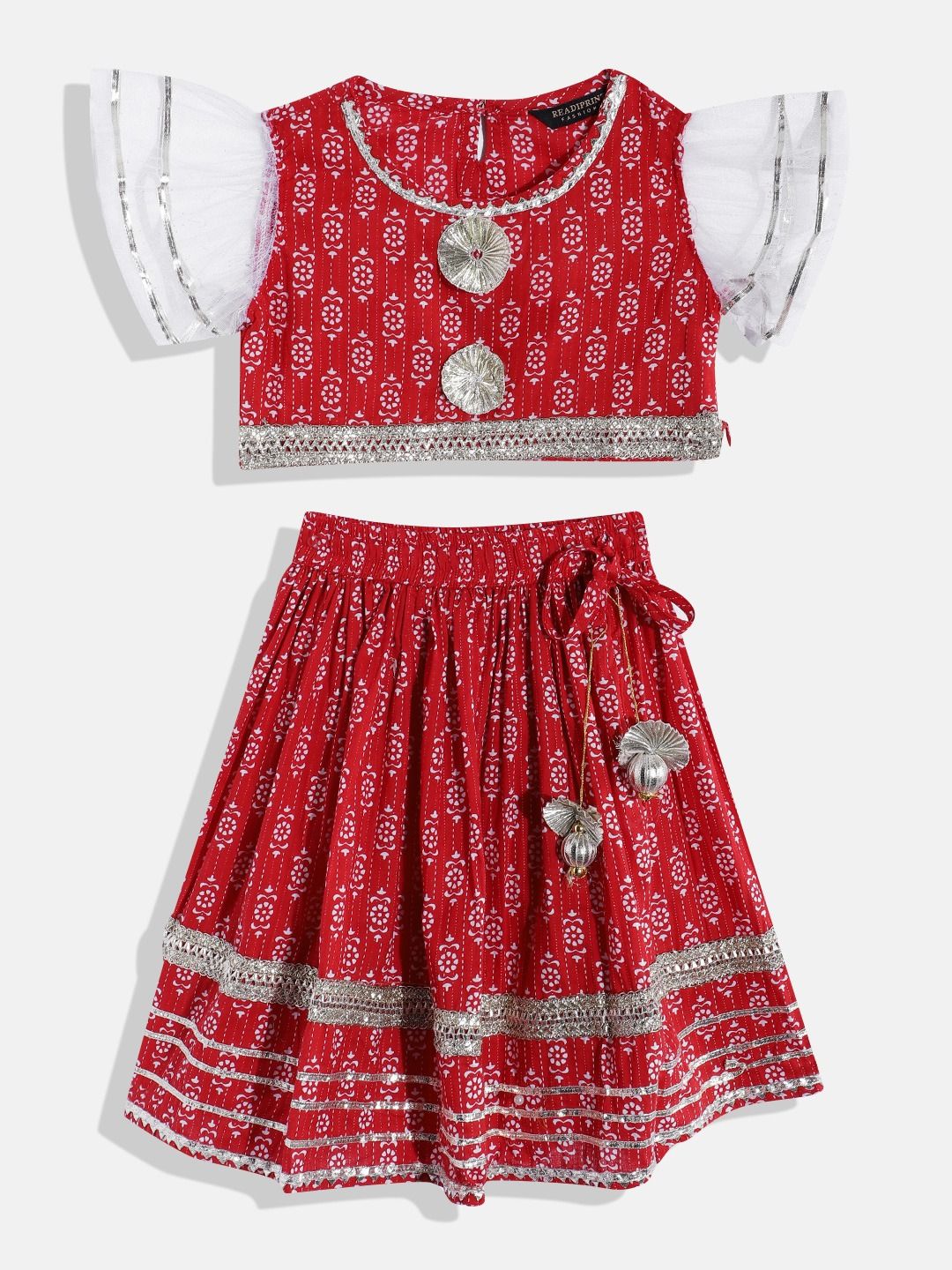 Straight Style Cotton Fabric Red Color Printed Lehenga Choli
