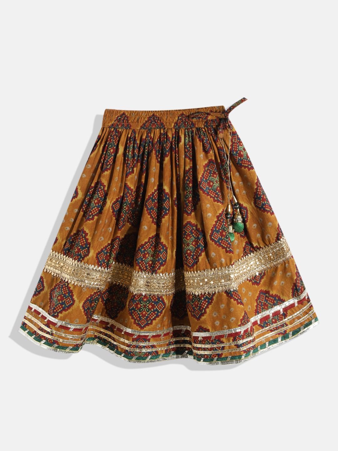 Straight Style Silk Fabric Mustard Color Printed Choli And Lehenga