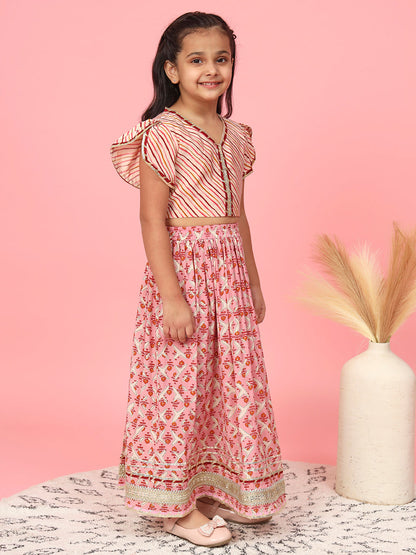 Straight Style Silk Fabric Pink Color Printed Choli And Lehenga