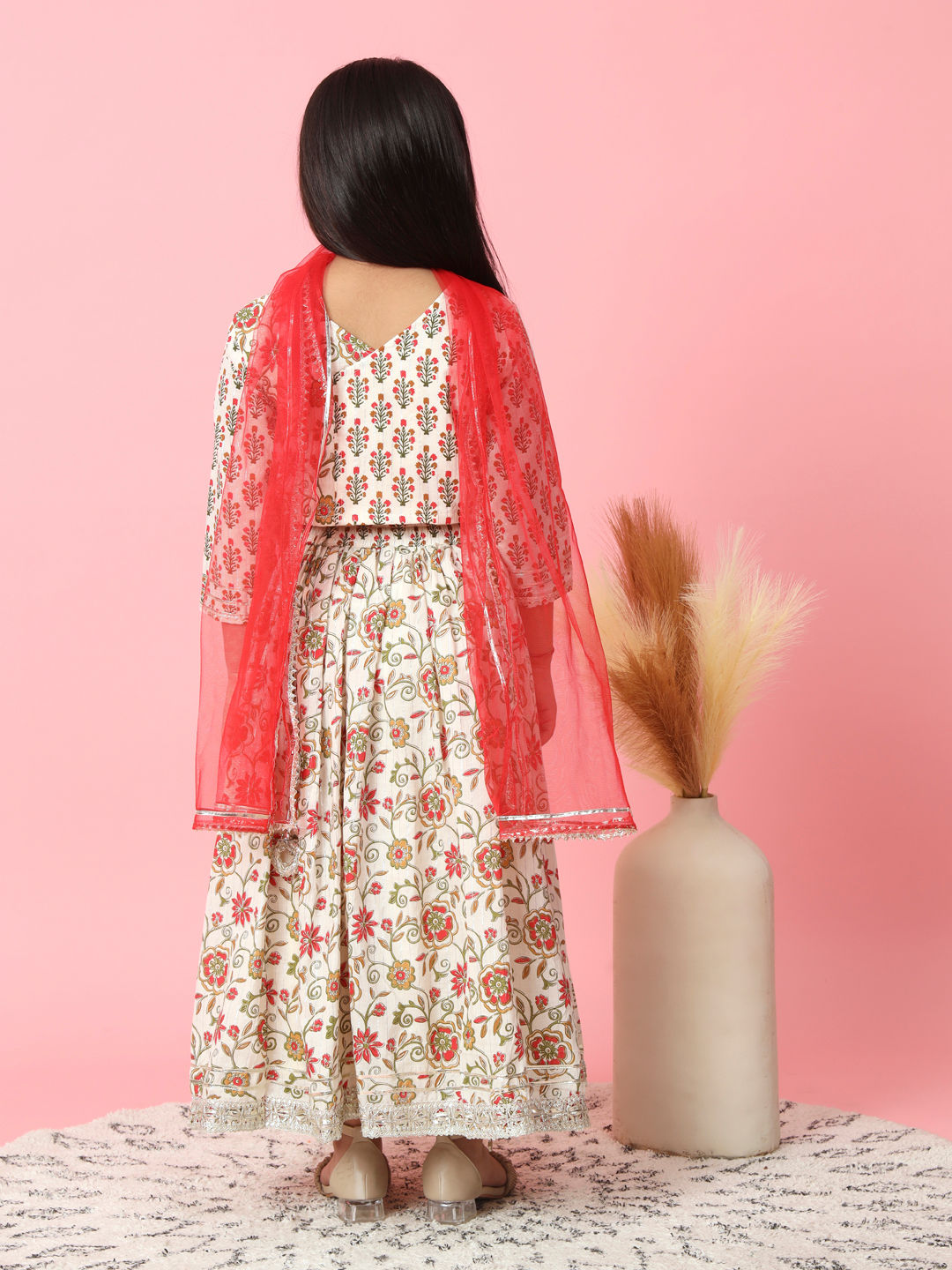 Straight Style Cream Color Cotton Fabric Choli With Lehenga And Dupatta