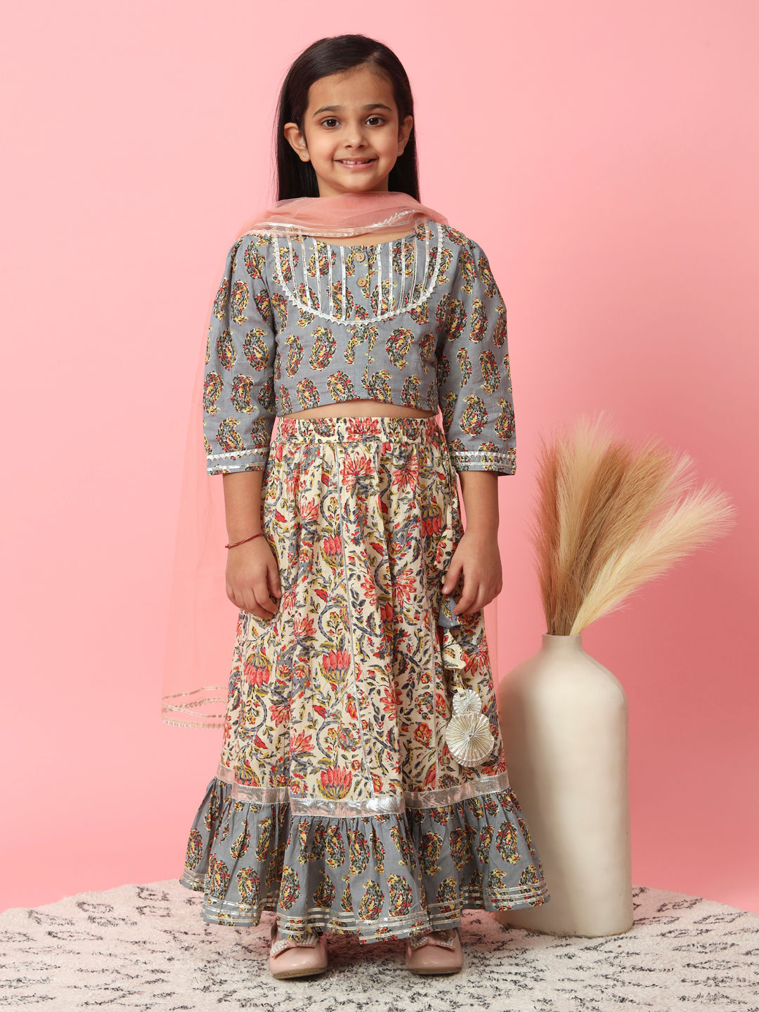 Straight Style Grey Color Cotton Fabric Choli With Lehenga And Dupatta