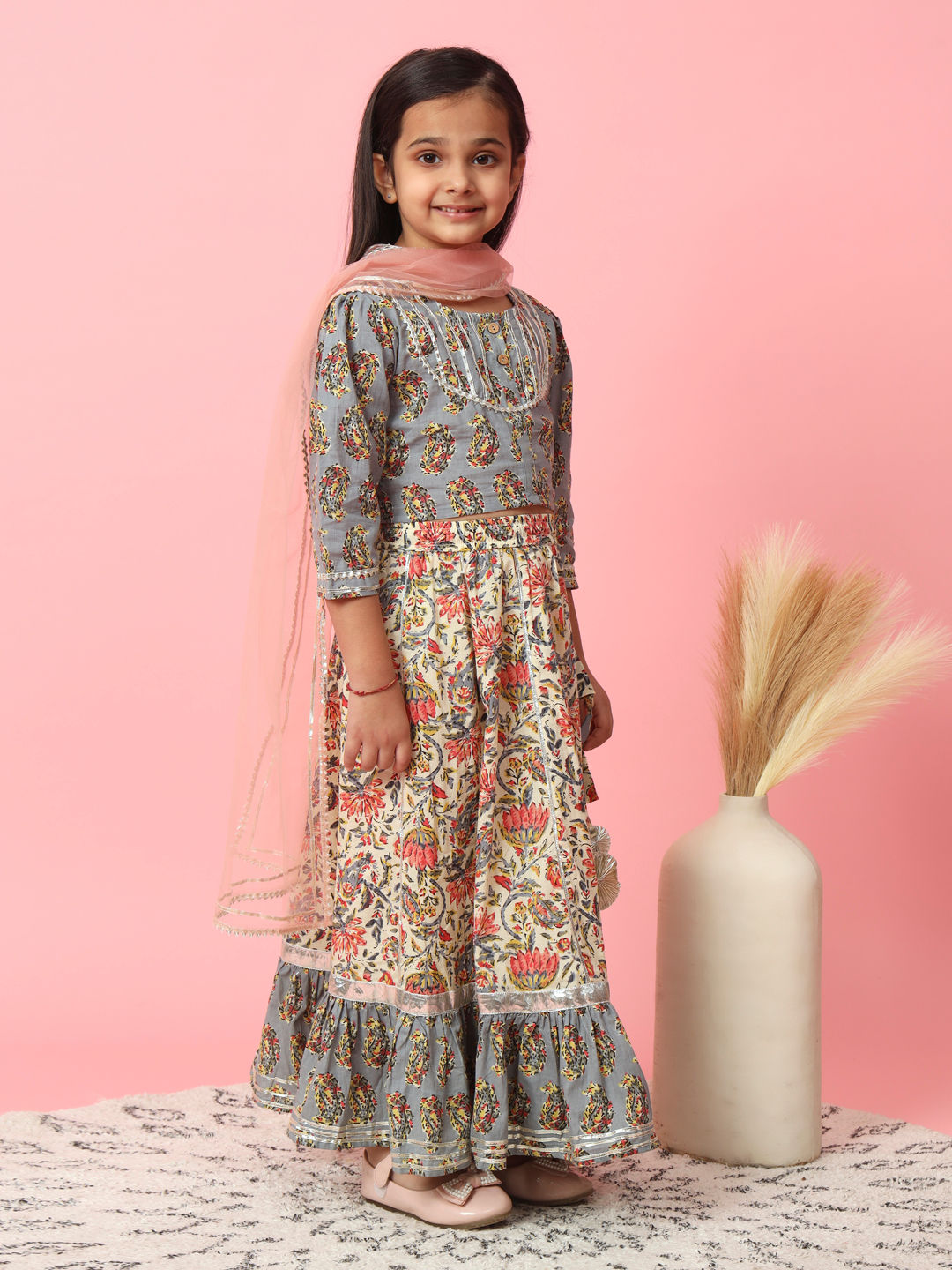 Straight Style Grey Color Cotton Fabric Choli With Lehenga And Dupatta