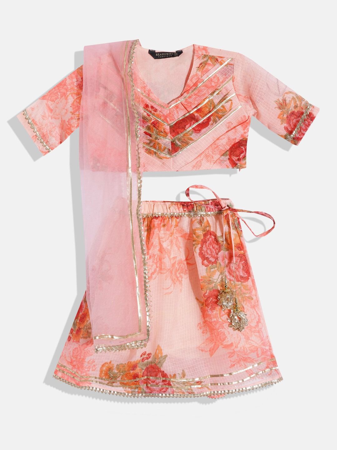 Straight Style Peach Color Kota Doria Fabric Choli And Lehenga With Dupatta