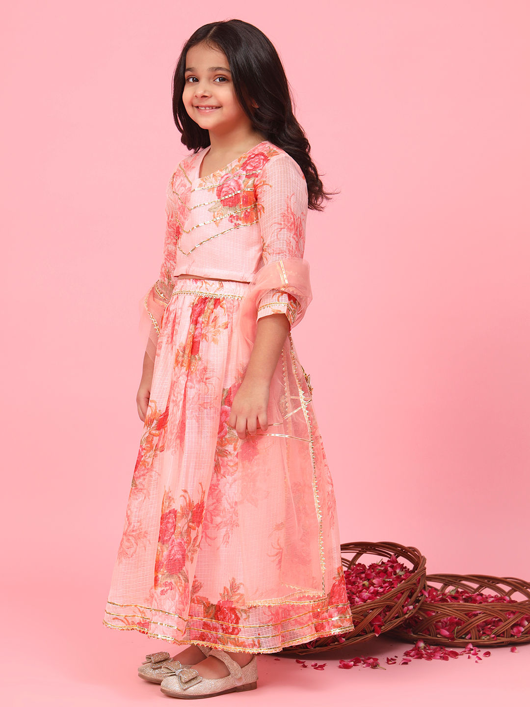 Straight Style Peach Color Kota Doria Fabric Choli And Lehenga With Dupatta