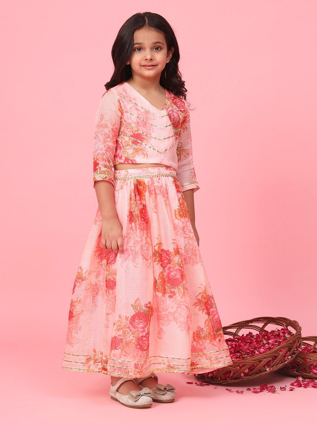 Straight Style Peach Color Kota Doria Fabric Choli And Lehenga With Dupatta