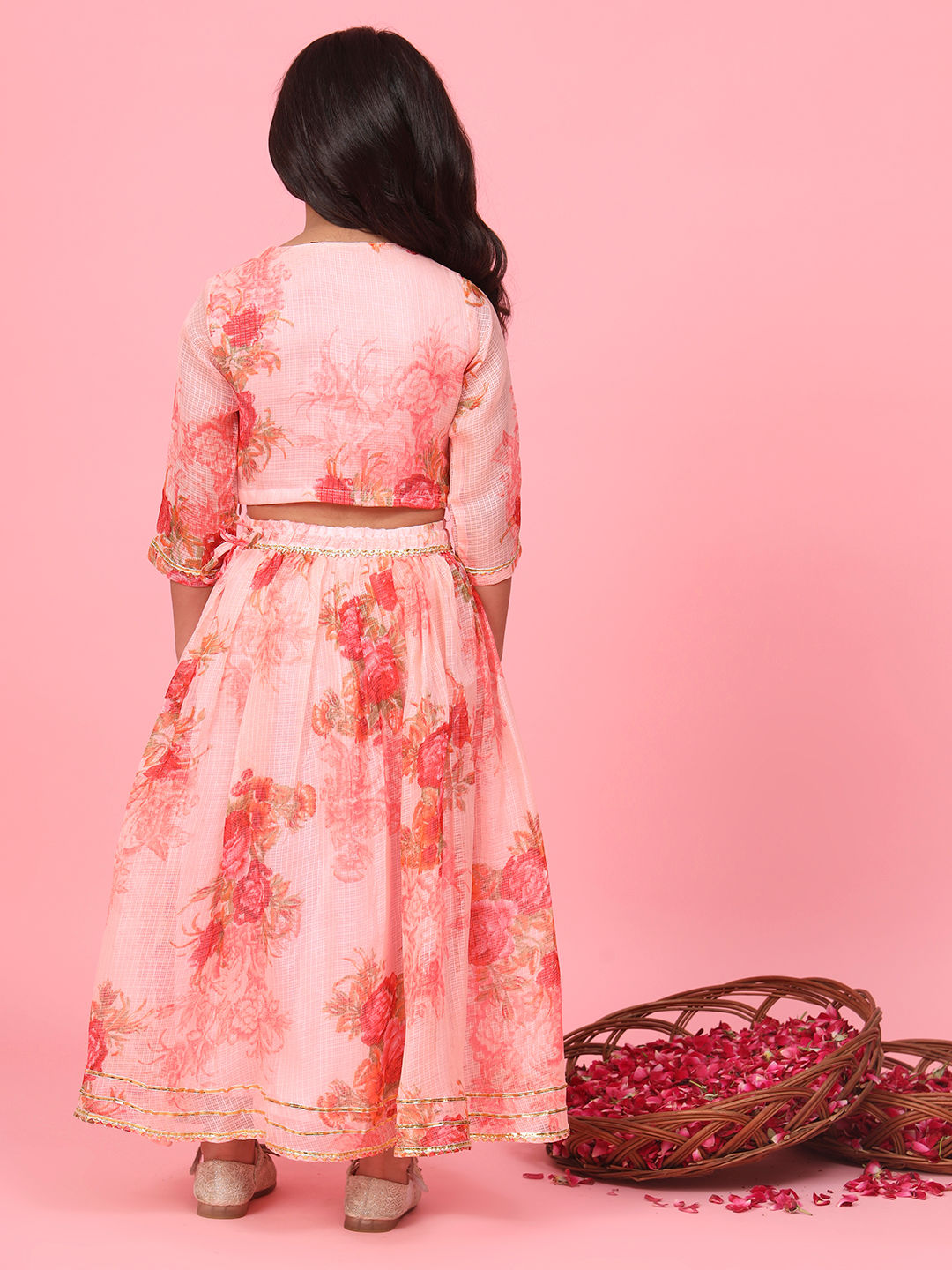 Straight Style Peach Color Kota Doria Fabric Choli And Lehenga With Dupatta