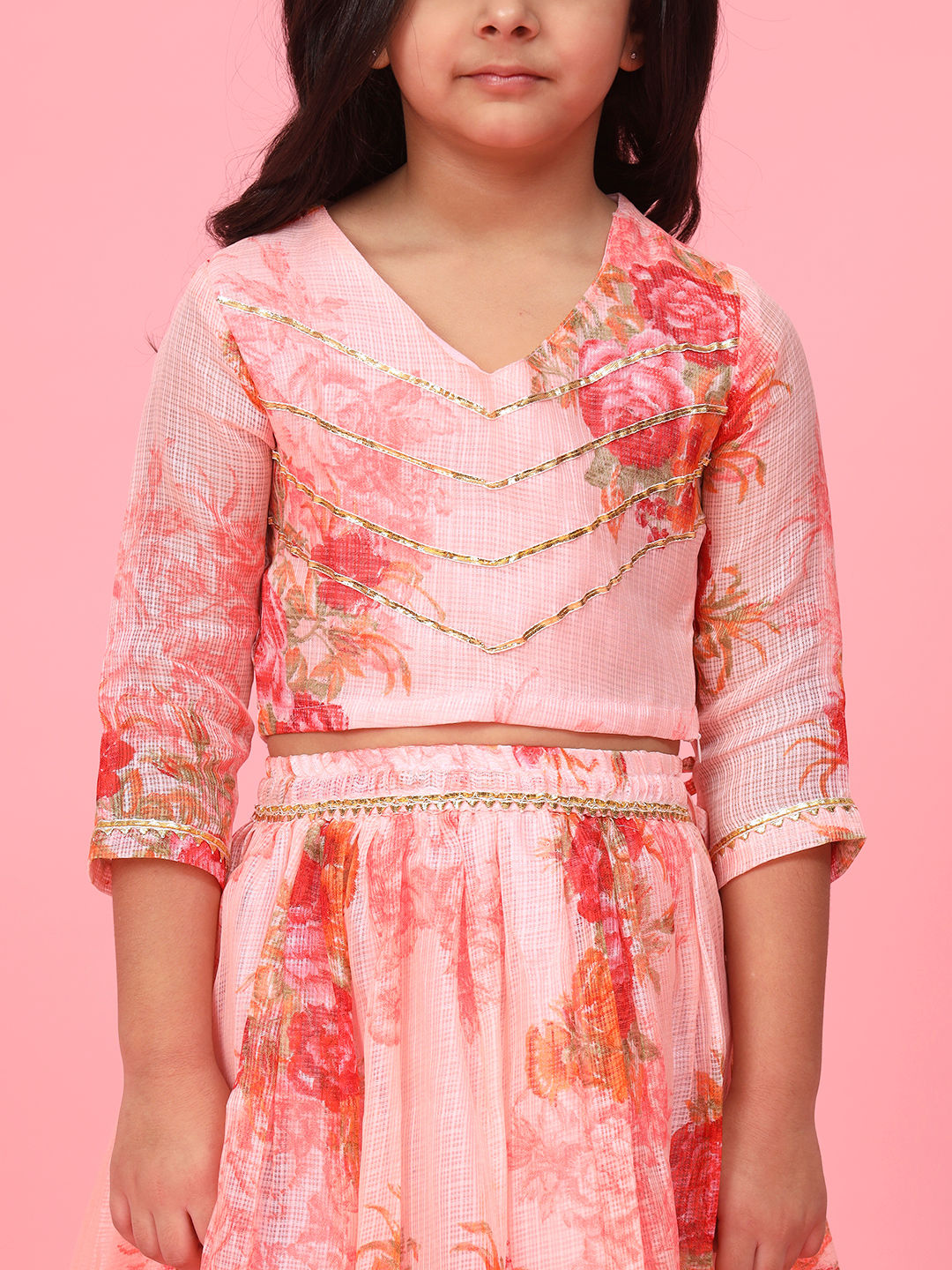 Straight Style Peach Color Kota Doria Fabric Choli And Lehenga With Dupatta