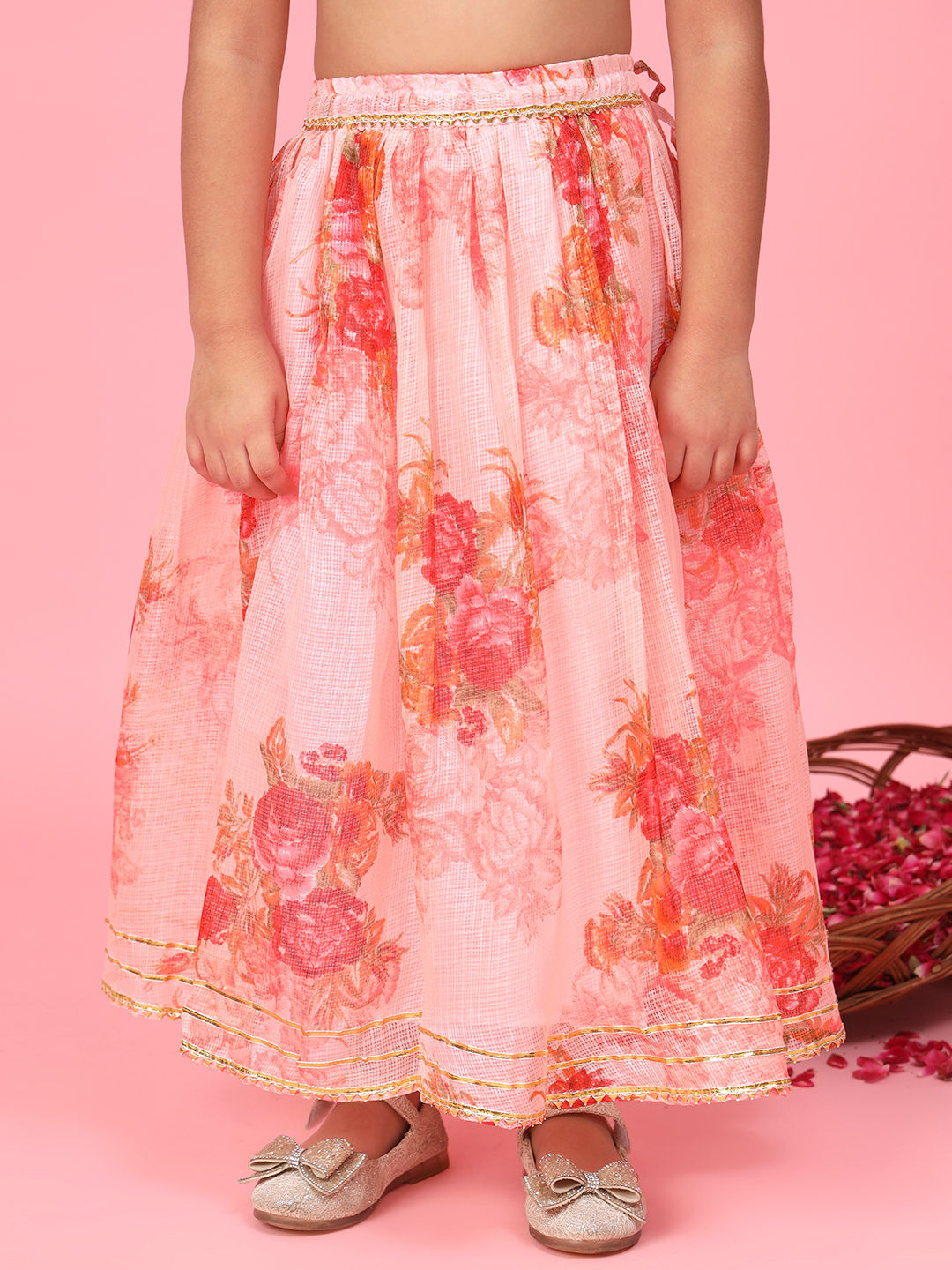 Straight Style Peach Color Kota Doria Fabric Choli And Lehenga With Dupatta