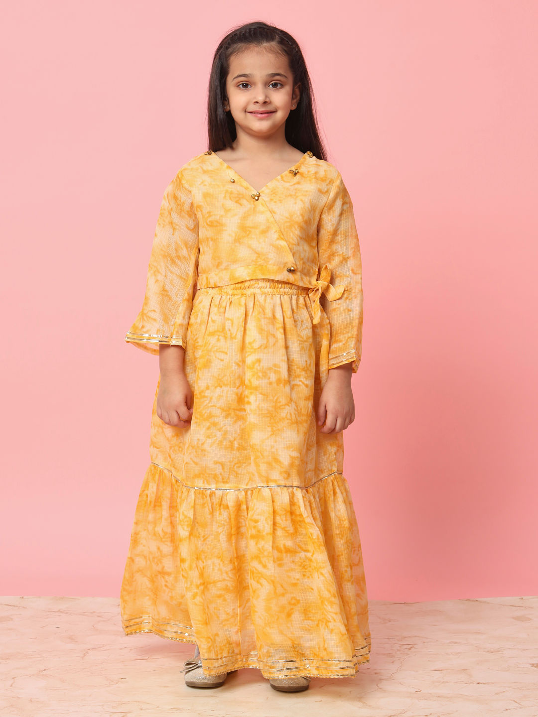 Straight Style Mustard Color Kota Doria Fabric Choli With Lehenga