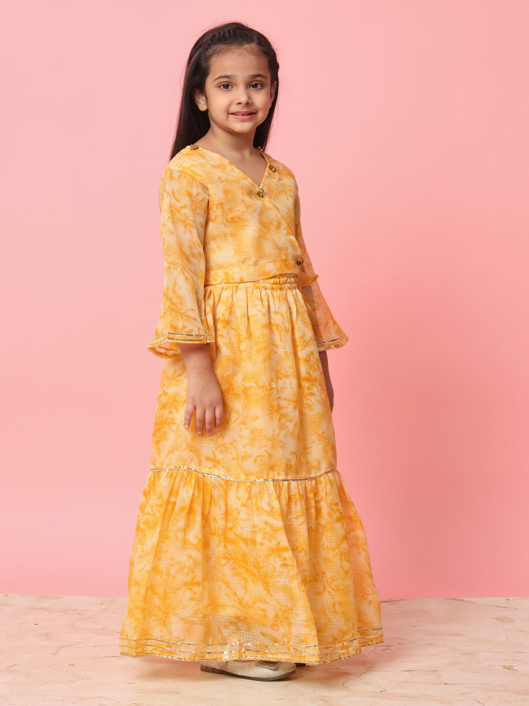 Straight Style Mustard Color Kota Doria Fabric Choli With Lehenga