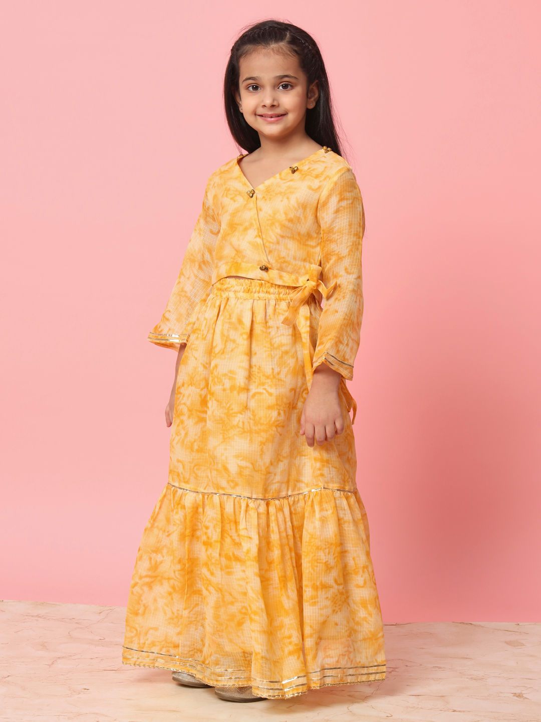 Straight Style Mustard Color Kota Doria Fabric Choli With Lehenga