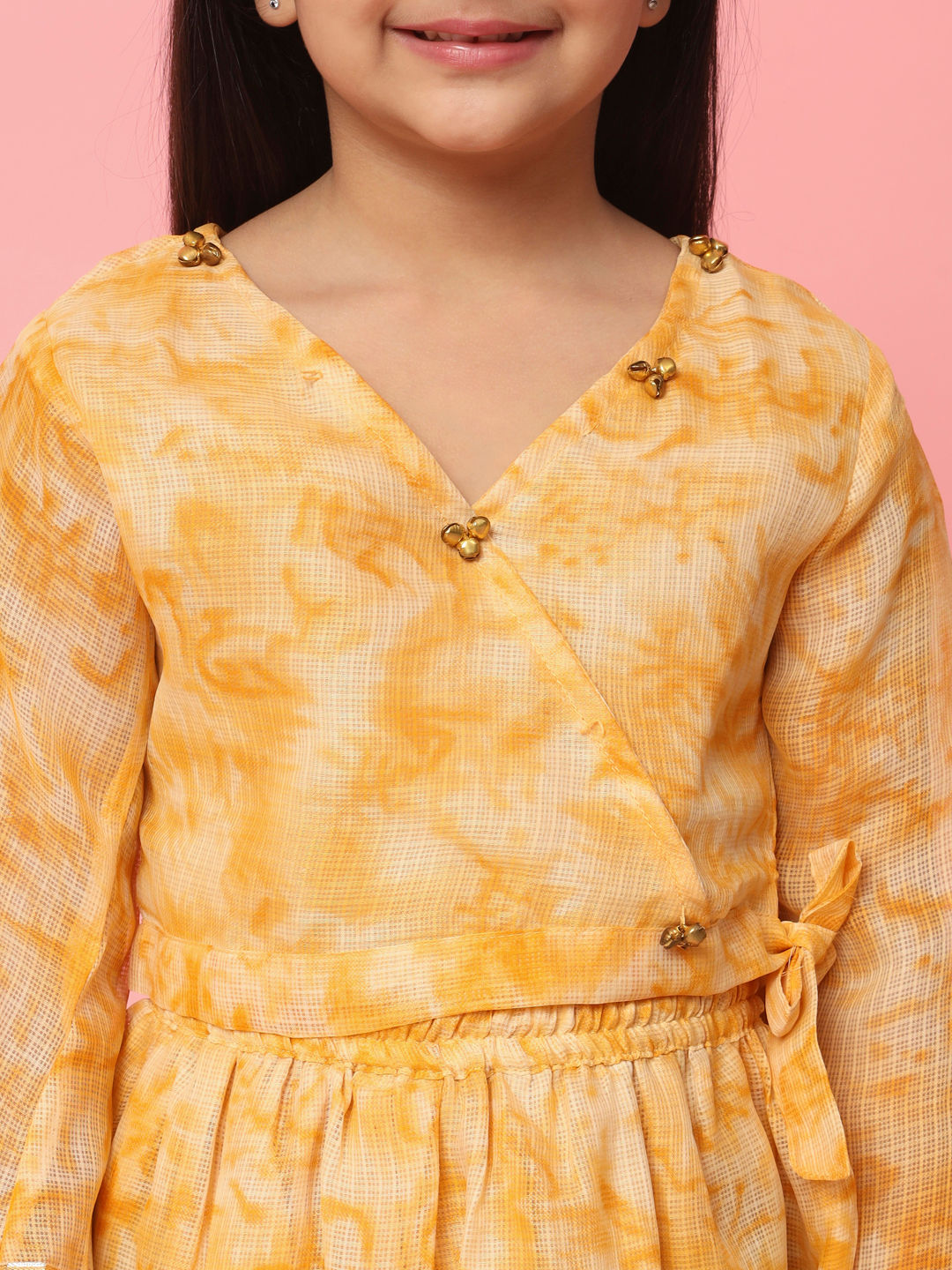 Straight Style Mustard Color Kota Doria Fabric Choli With Lehenga