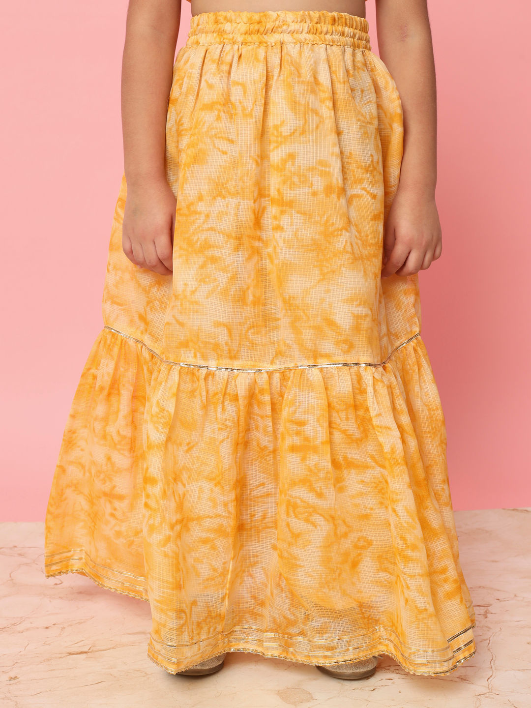 Straight Style Mustard Color Kota Doria Fabric Choli With Lehenga