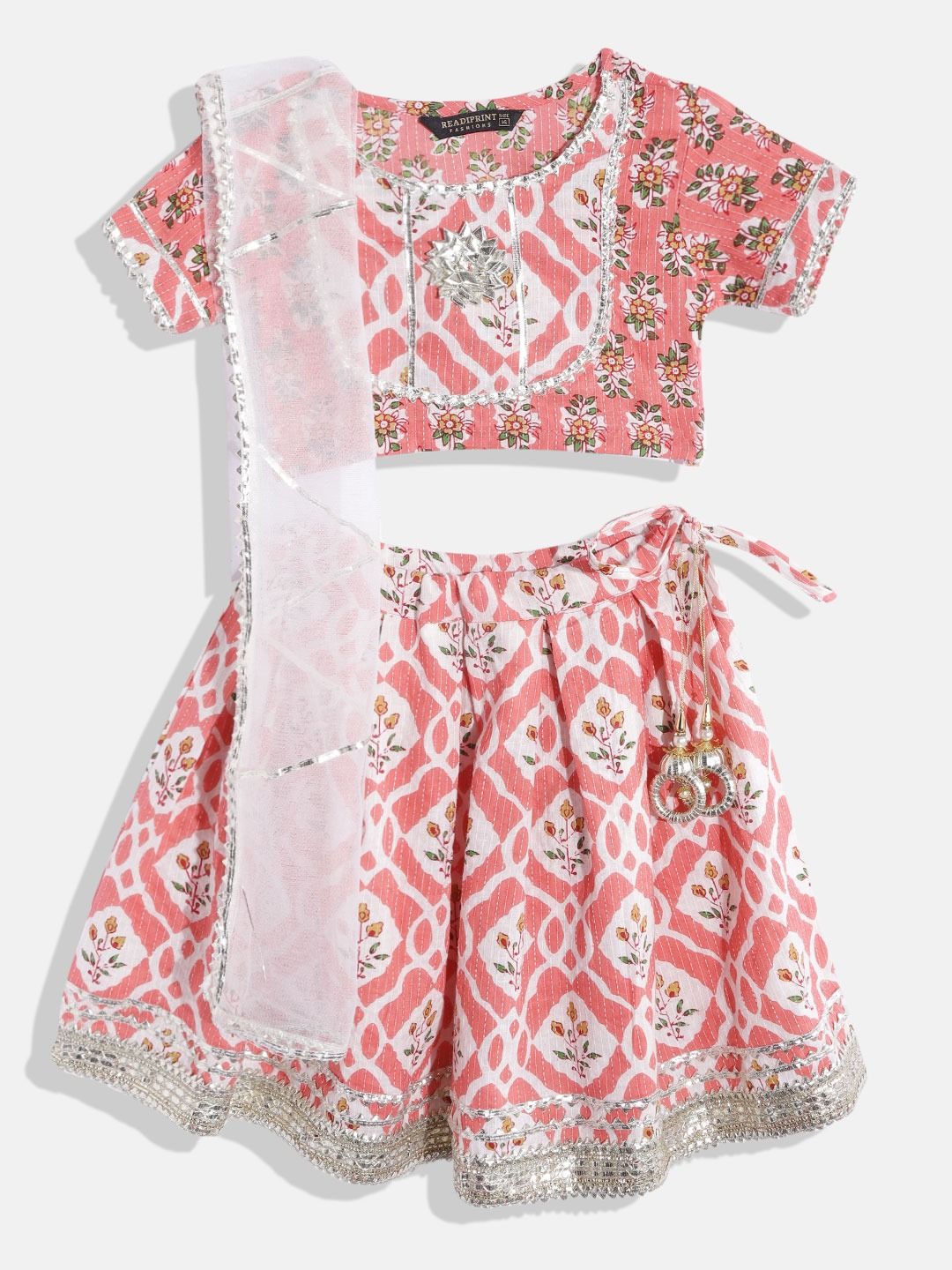 Straight Style Pink Color Cotton Fabric Choli With Lehenga And White Color Dupatta