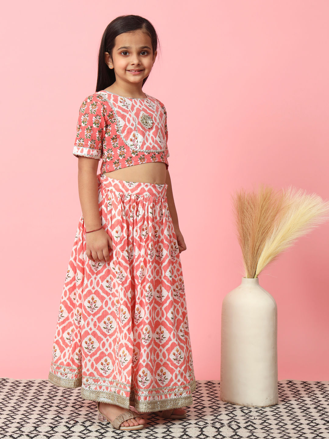 Straight Style Pink Color Cotton Fabric Choli With Lehenga And White Color Dupatta