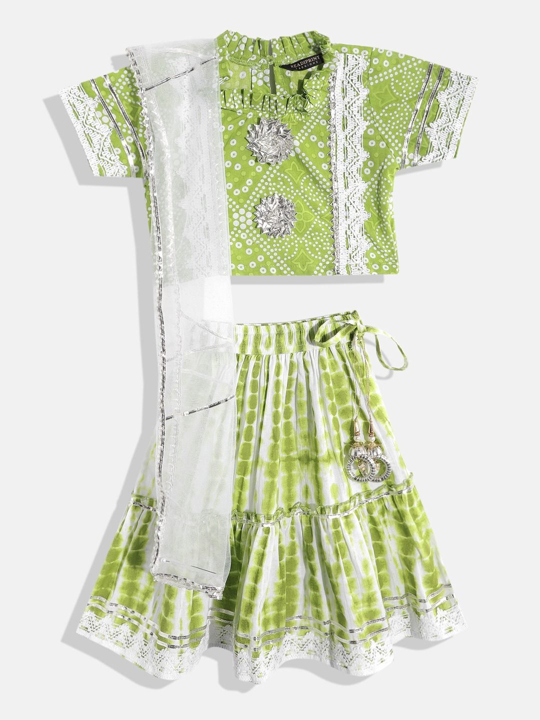 Straight Style Green Color Cotton Fabric Choli With Lehenga And Dupatta