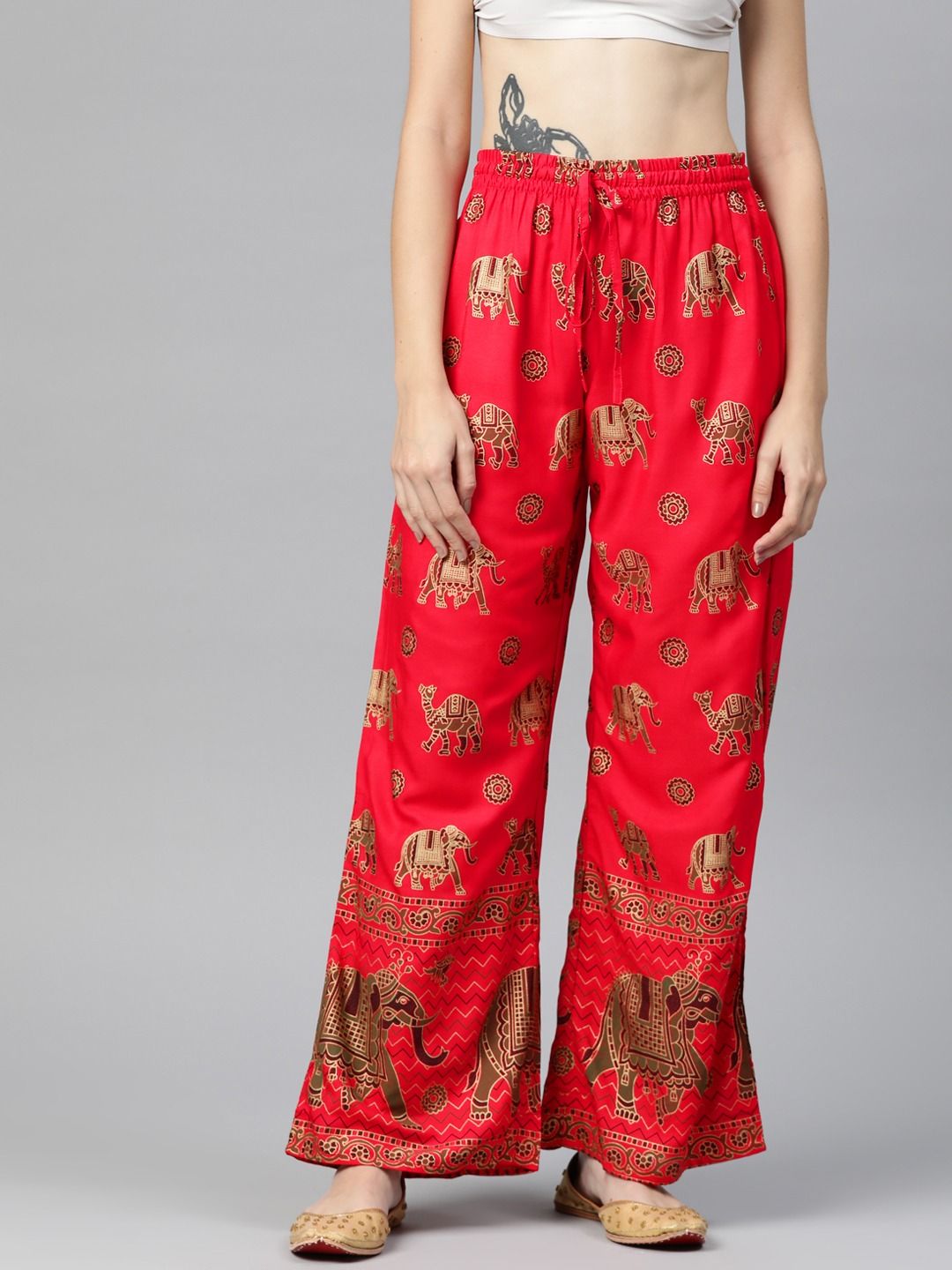 Straight Style Cotton Fabric Red Color Palazzo