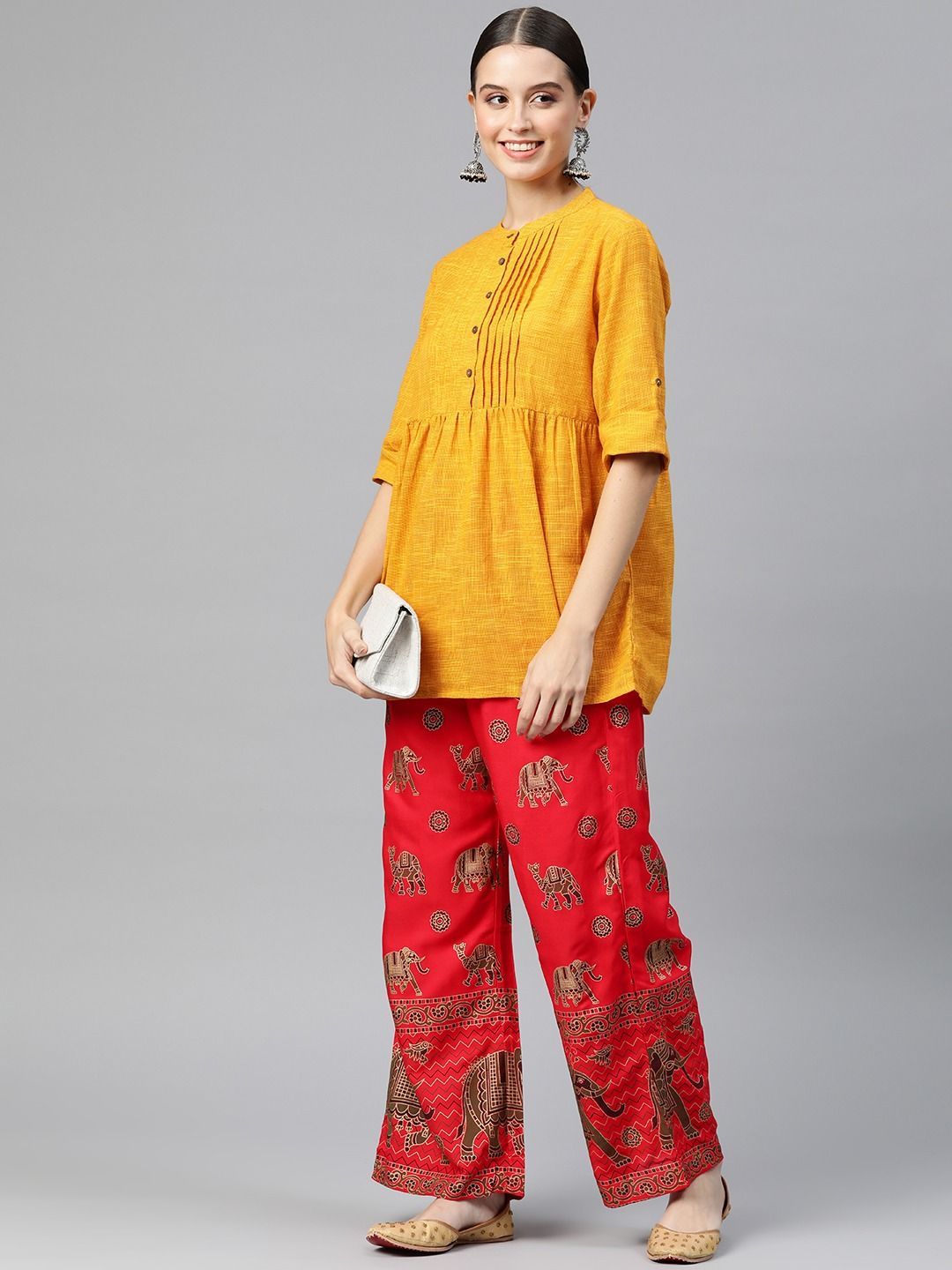 Straight Style Cotton Fabric Red Color Palazzo