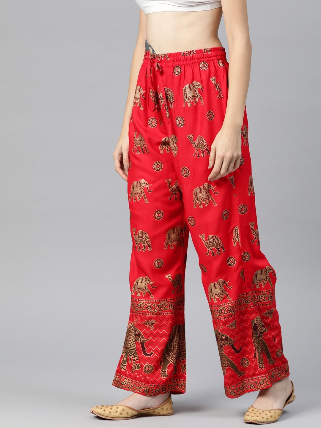 Straight Style Cotton Fabric Red Color Palazzo