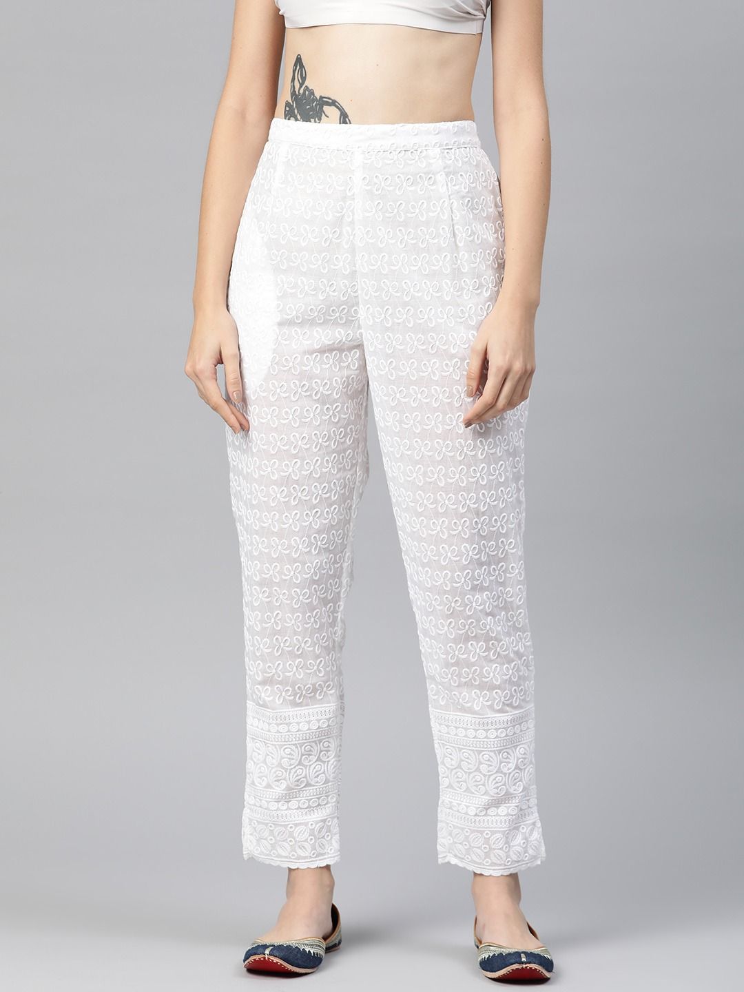 Straight Style Cotton Fabric White Color Palazzo