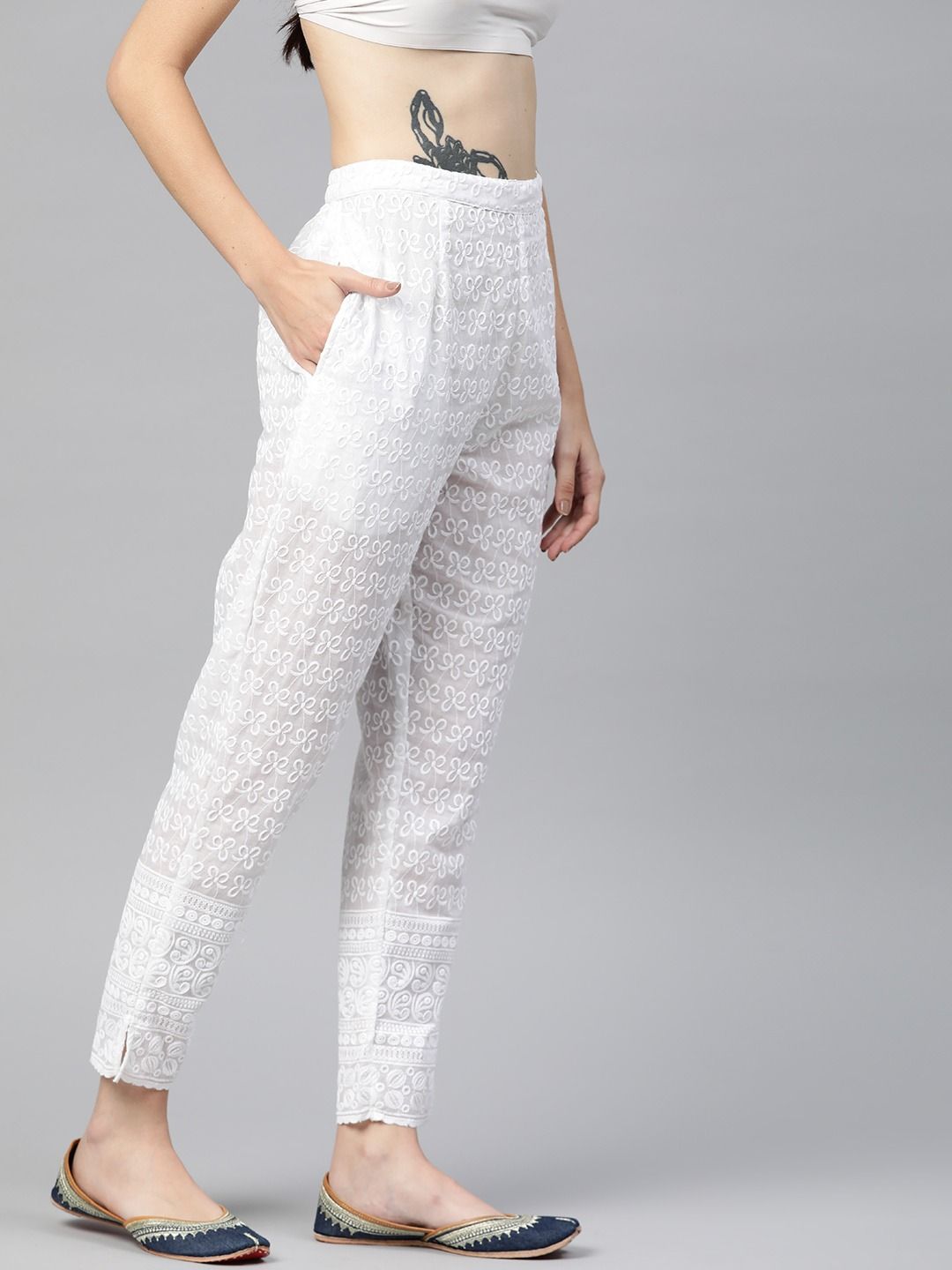 Straight Style Cotton Fabric White Color Palazzo