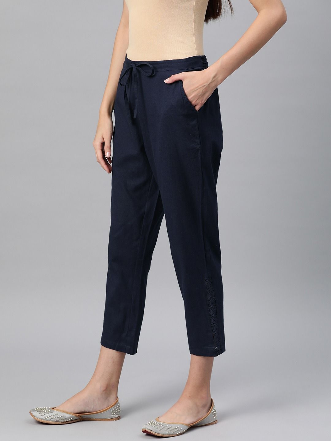 Straight Style Cotton Fabric Navy Blue Color Palazzo