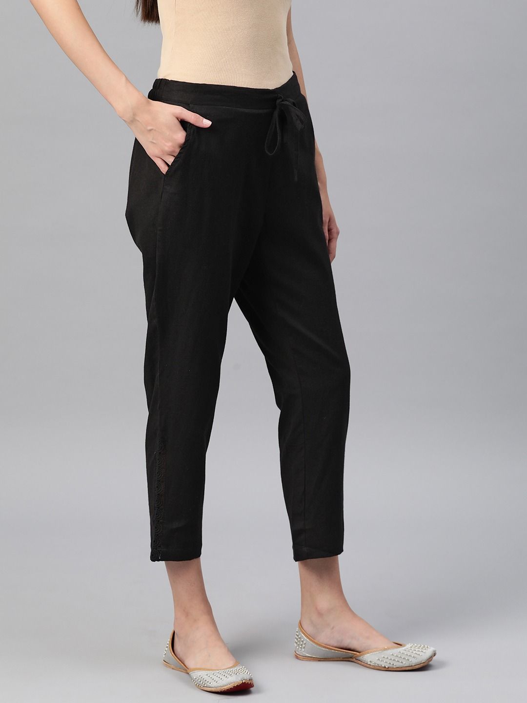Straight Style Cotton Fabric Black Color Palazzo