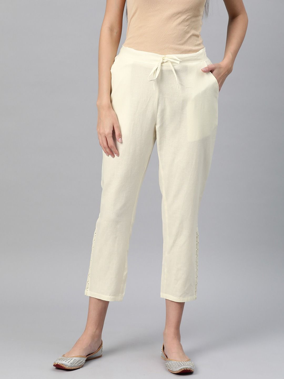 Straight Style Cotton Fabric Off White Color Palazzo
