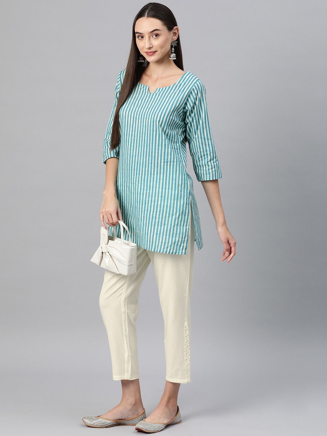 Straight Style Cotton Fabric Off White Color Palazzo