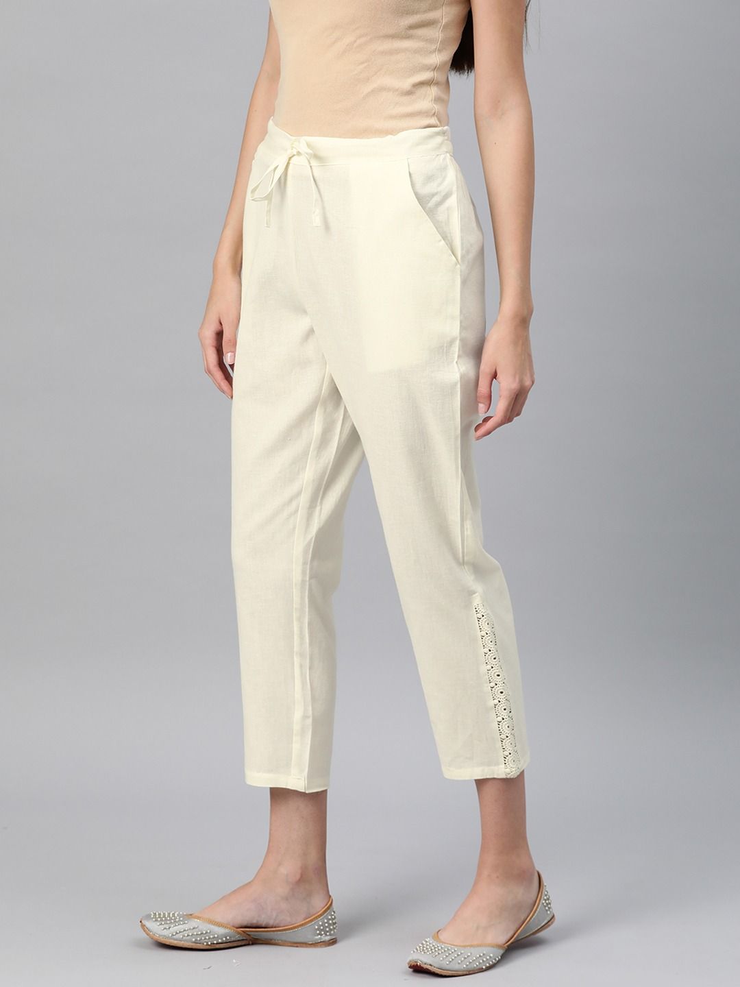 Straight Style Cotton Fabric Off White Color Palazzo