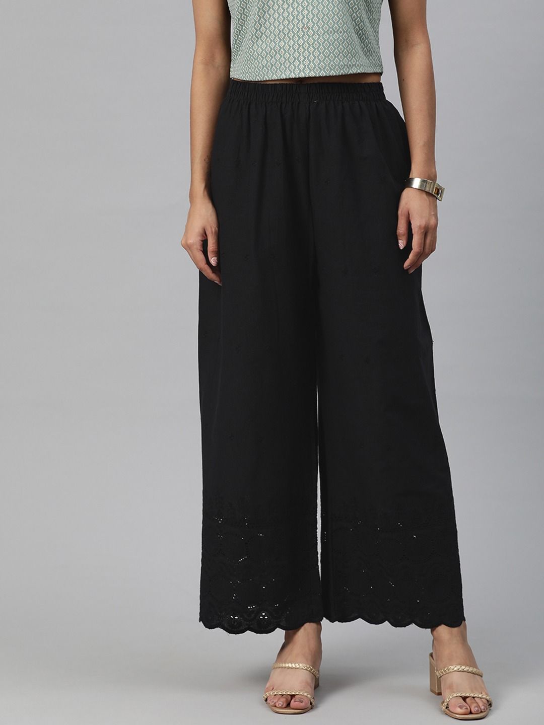 Straight Style Cotton Fabric Black Color Palazzo