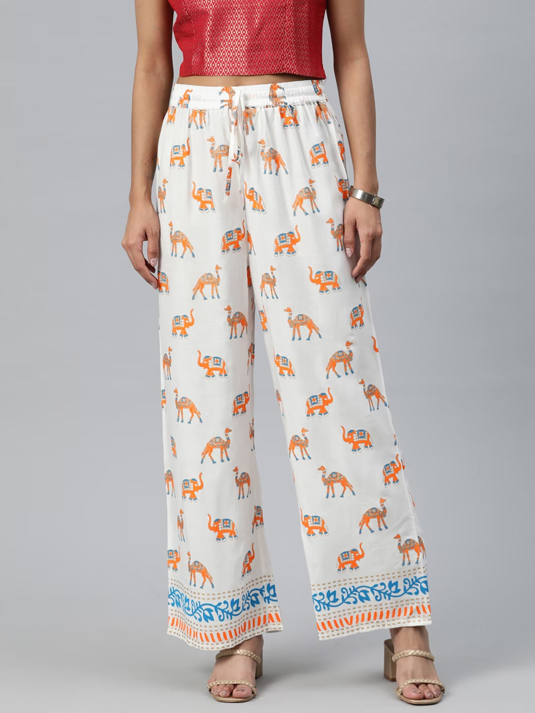 Straight Style Rayon Fabric White Color Printed Palazzo
