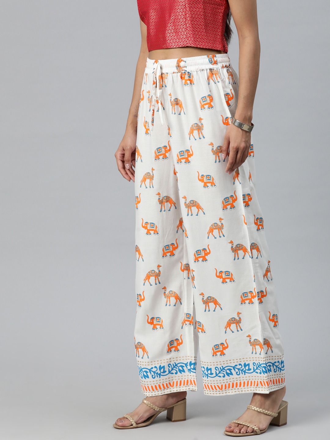 Straight Style Rayon Fabric White Color Printed Palazzo