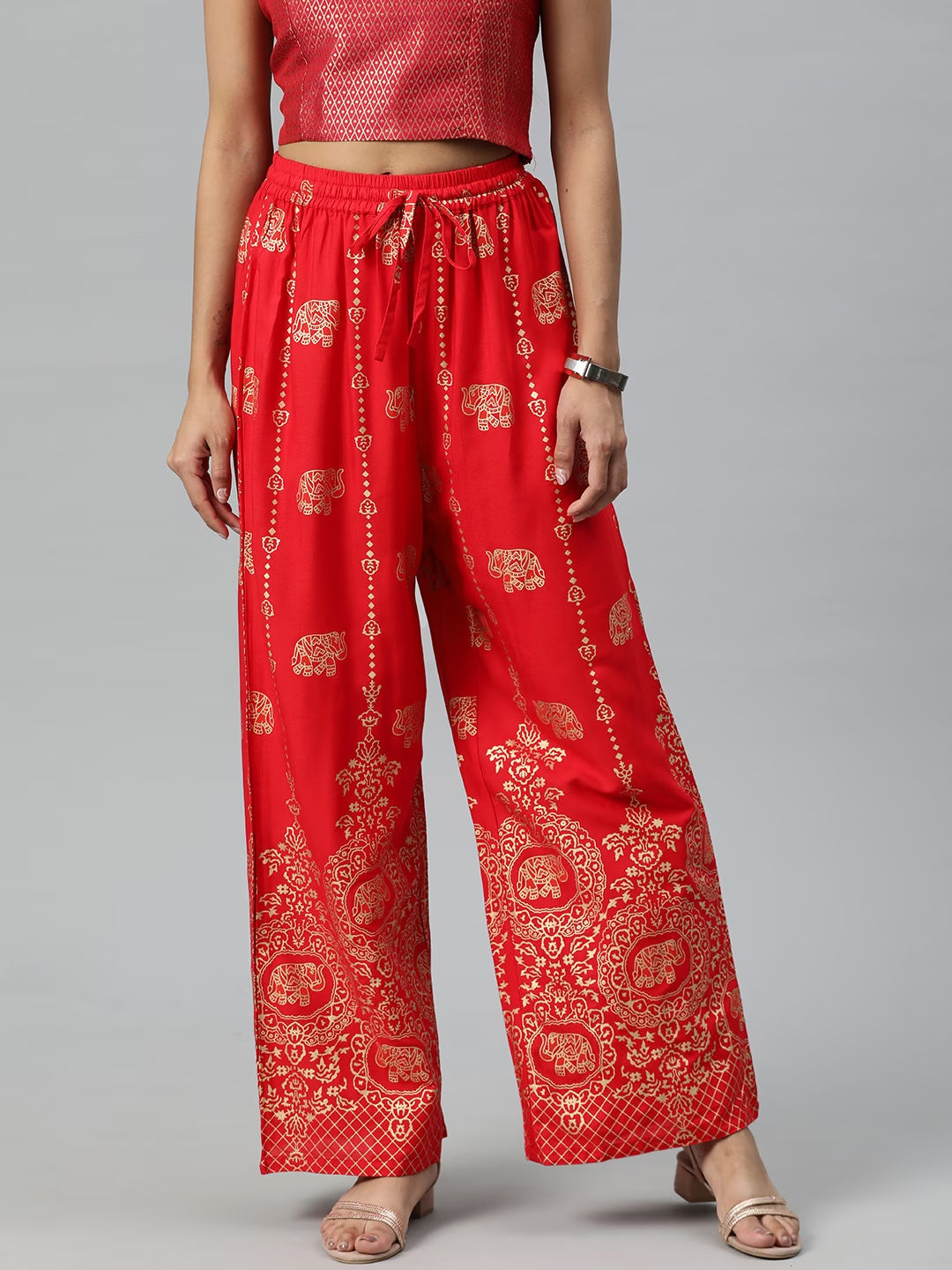 Straight Style Rayon Fabric Red Color Printed Palazzo