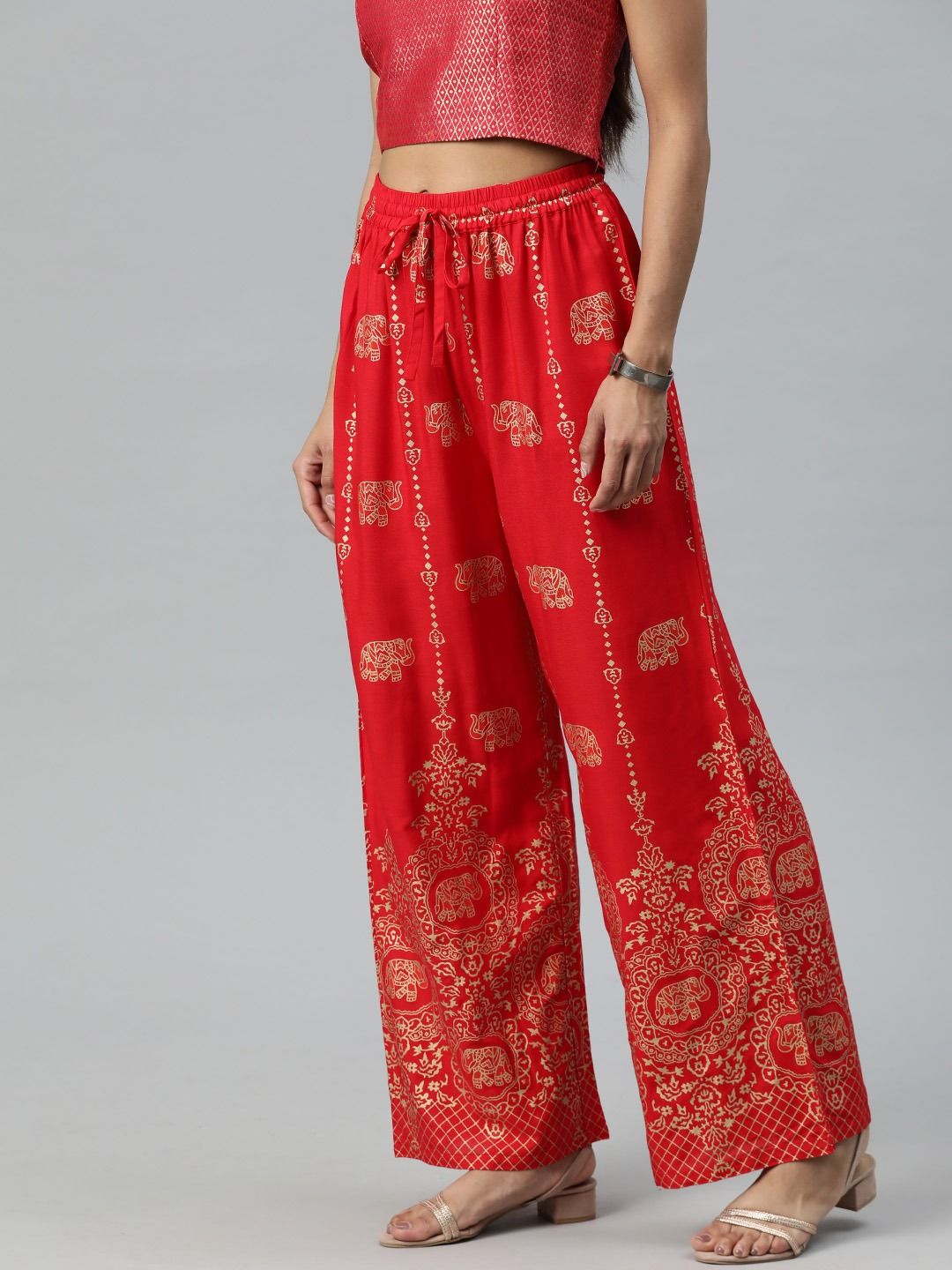 Straight Style Rayon Fabric Red Color Printed Palazzo