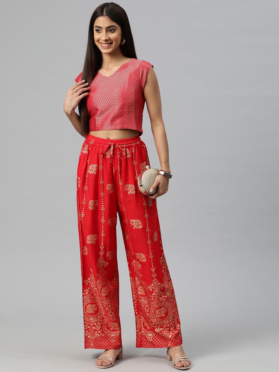 Straight Style Rayon Fabric Red Color Printed Palazzo