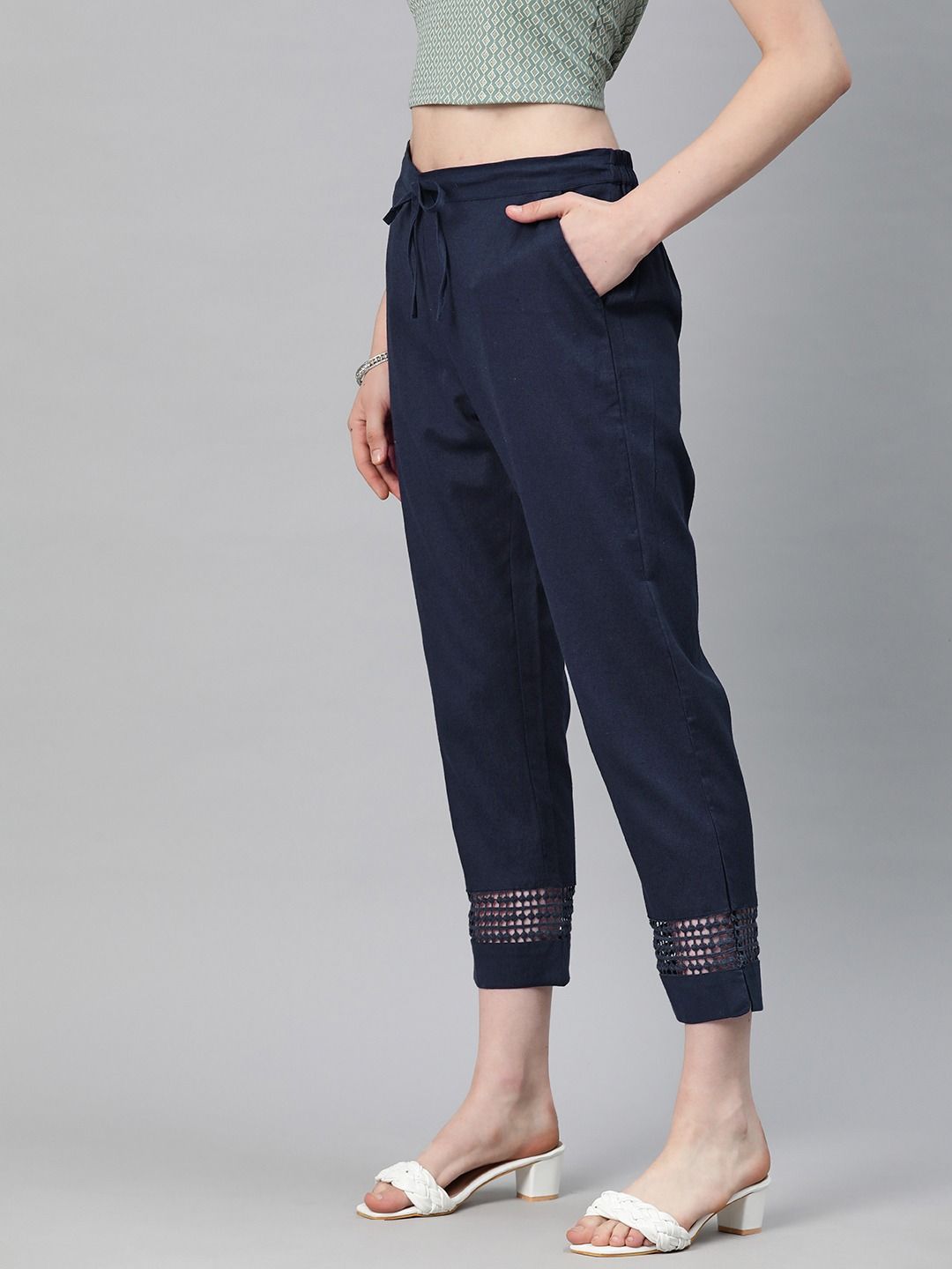 Straight Style Cotton Fabric Navy Blue Color Trouser