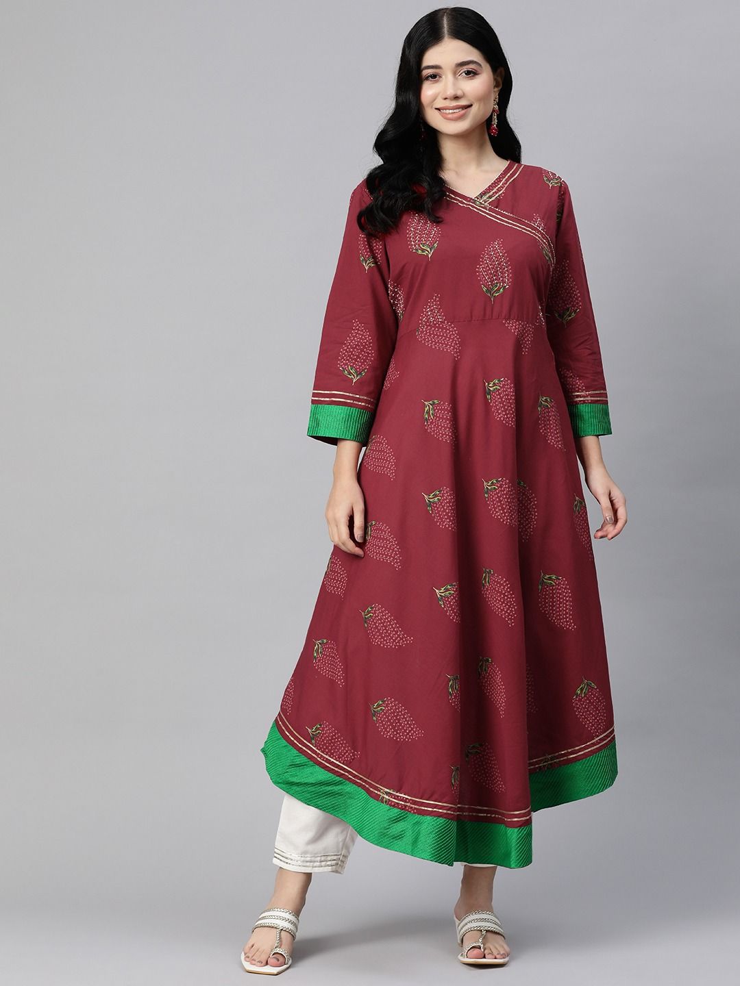 Anarkali Style Cotton Fabric Maroon Color Kurti