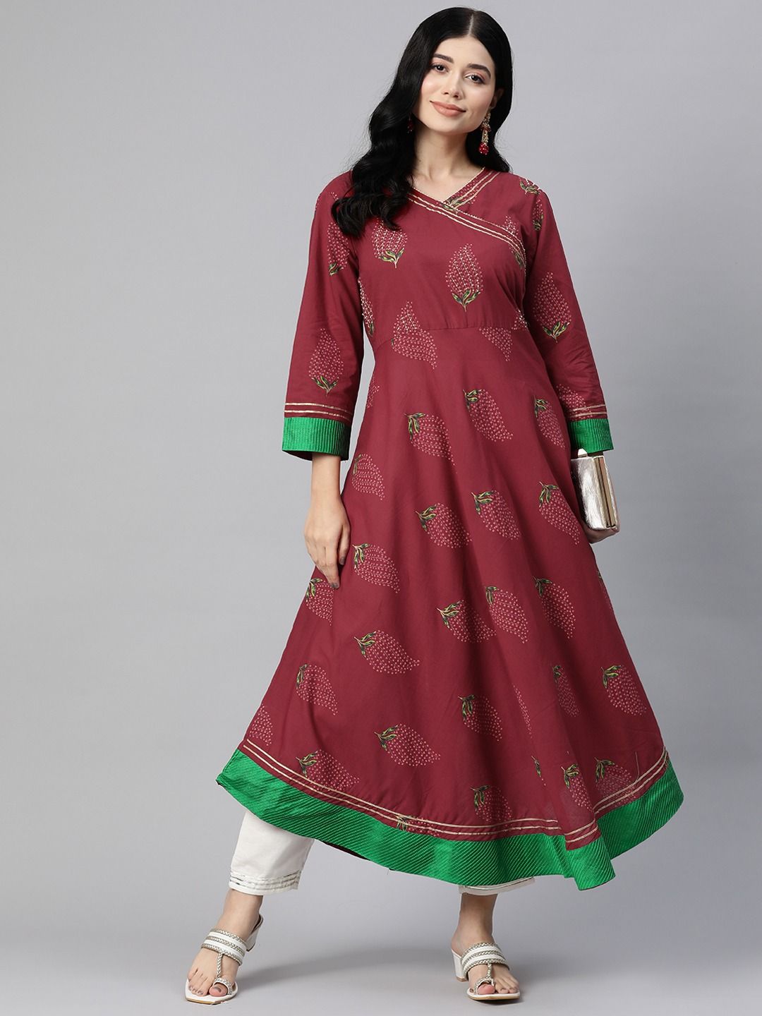 Anarkali Style Cotton Fabric Maroon Color Kurti